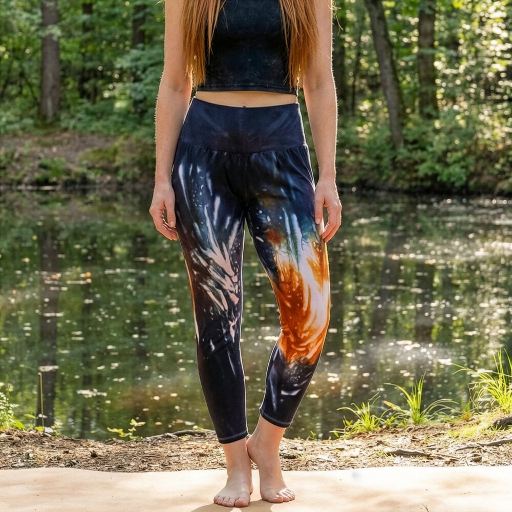 Alvina Tie Dye Yoga Leggings in Orange + Black Wide Fold Over Waistband